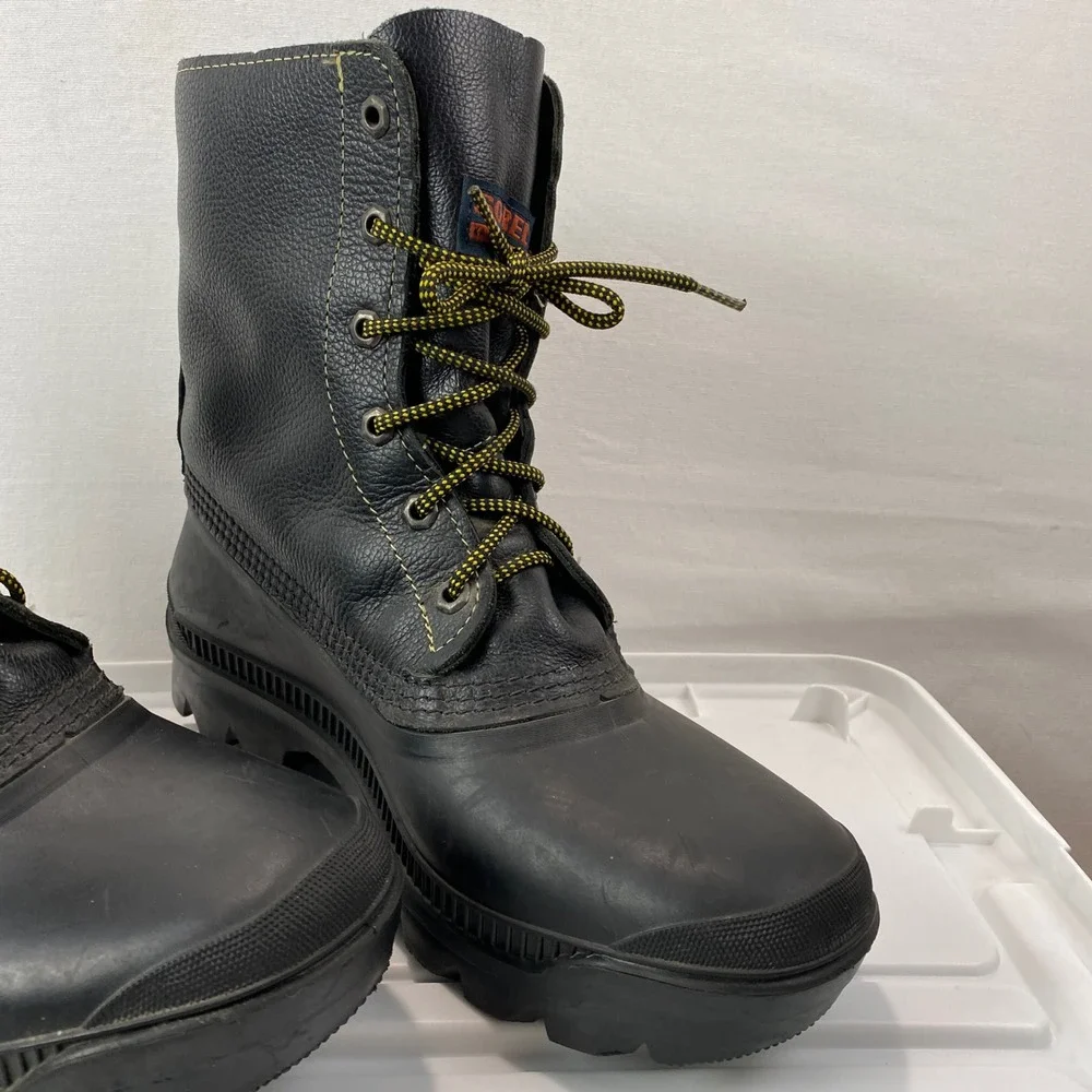 VTG Sorel Kaufman Canada Pac Snow Boots Mens 10 Black Leather Rubber Waterproof